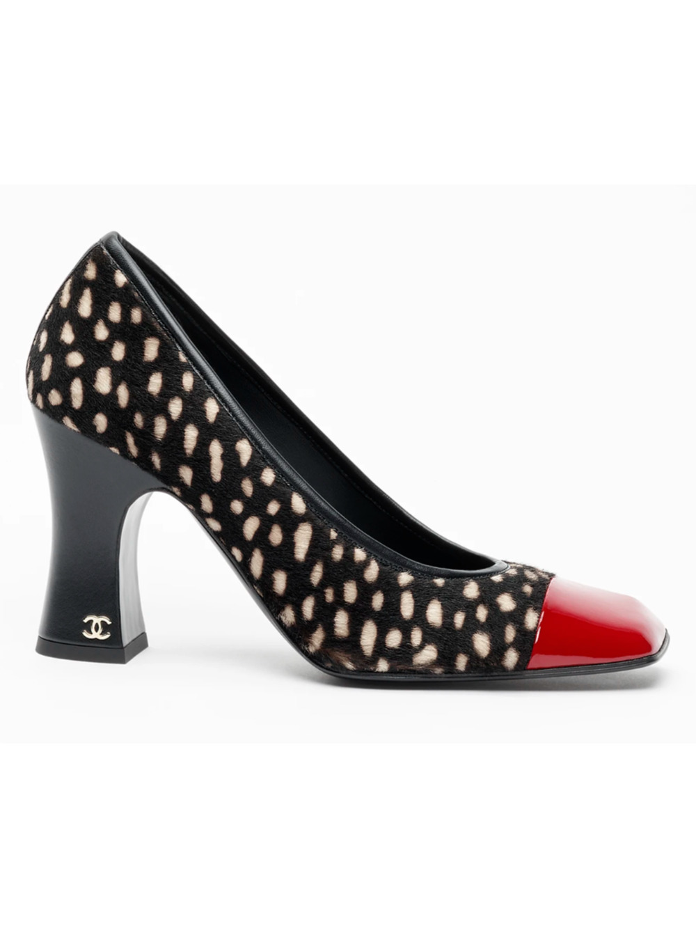 Chanel 26S Blazy Black White Pony Fur Deer Dot Red Square Toe Block Heel Pump 40